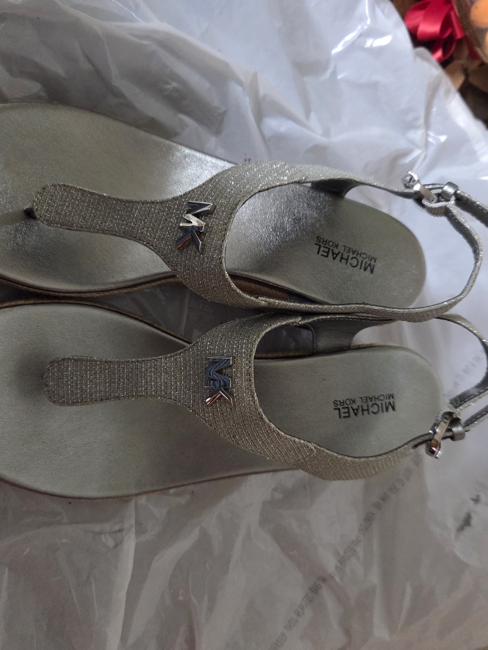 Michael Kors Metallic Silver T-Strap Logo Sandals